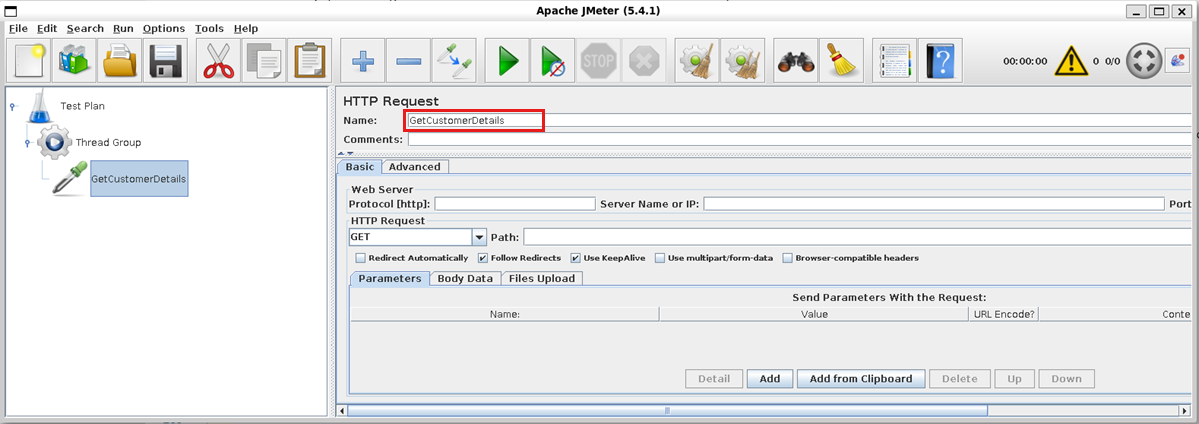 Screenshot of the JMeter user interface, highlighting the request name.