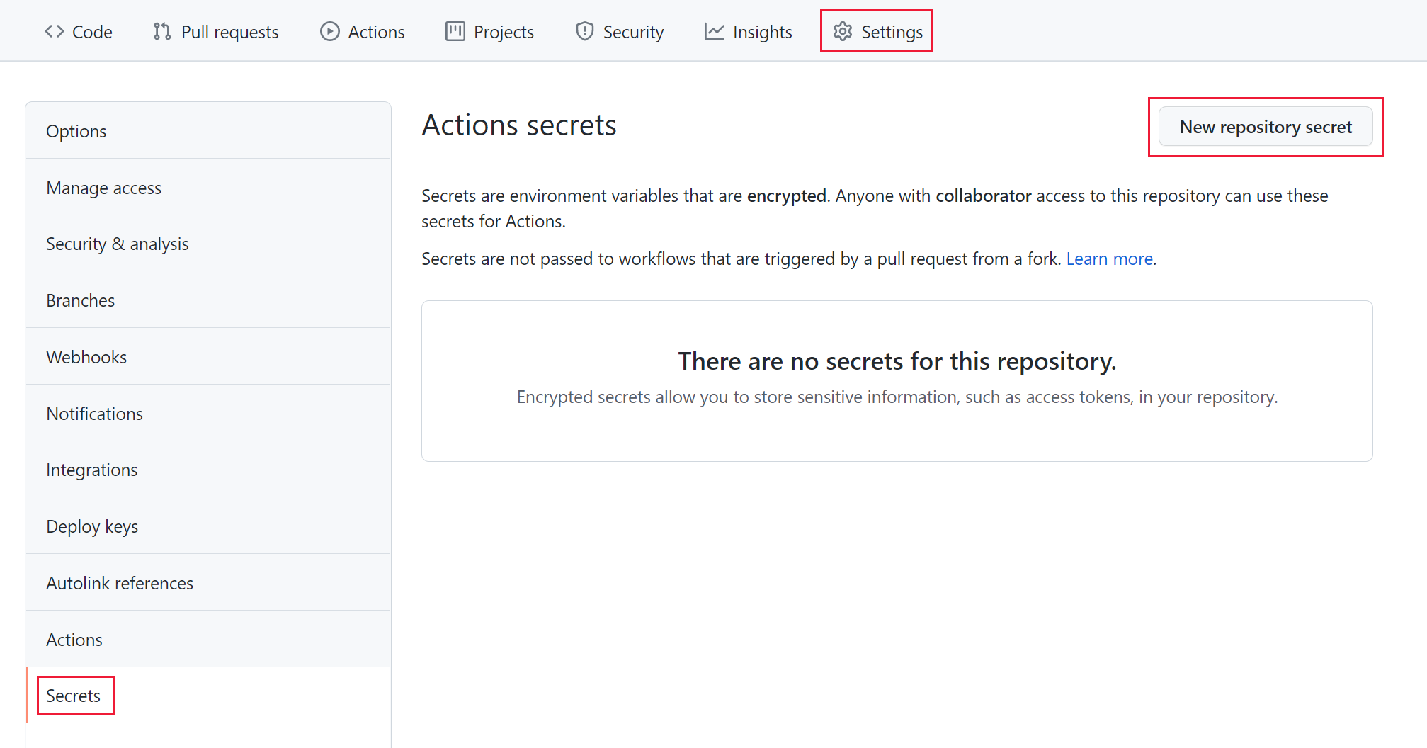Screenshot that shows how to add a GitHub repository secret.