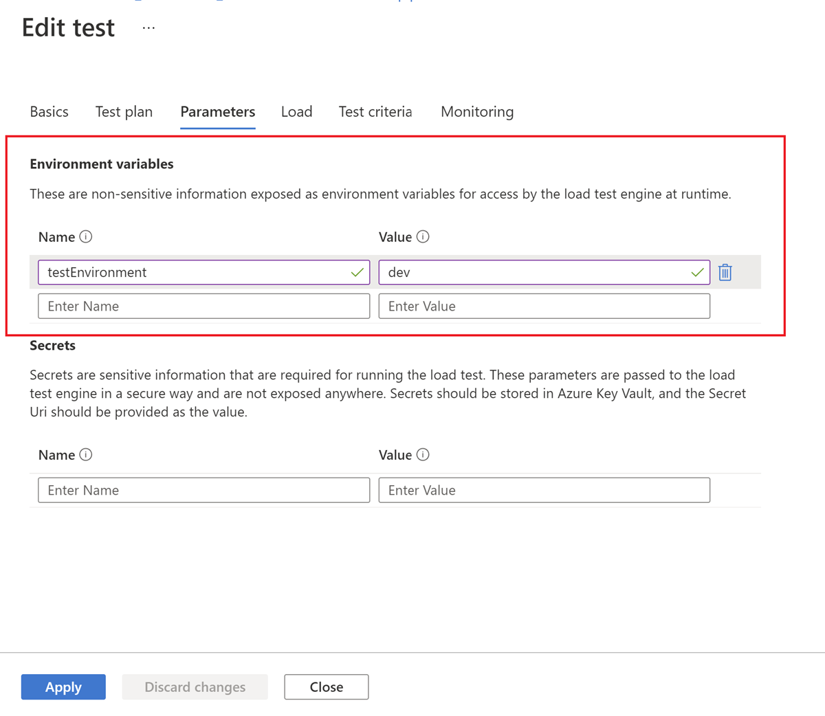 Screenshot that shows how to add an environment variable to a load test in the Azure portal.