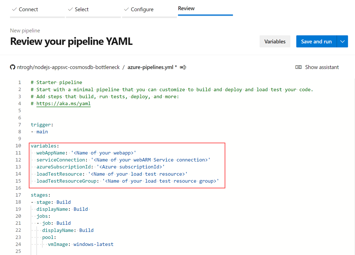 Screenshot that shows the Azure Pipelines Review tab when you're creating a pipeline.