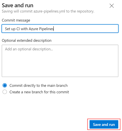 Screenshot that shows selections for saving and running a new Azure pipeline.