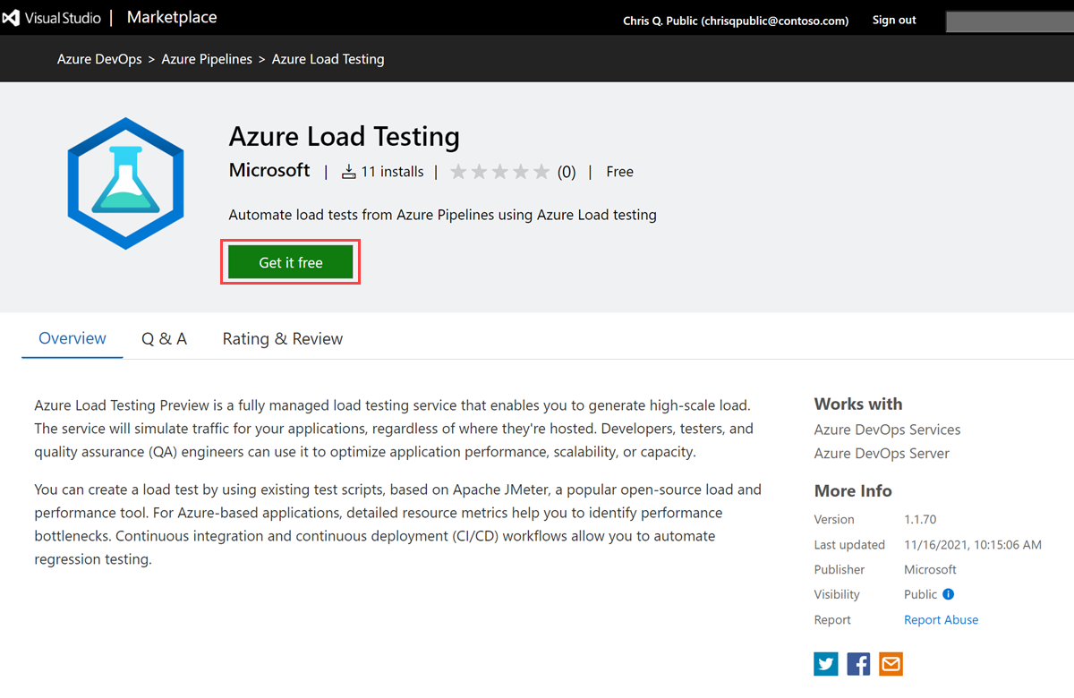Screenshot that shows the button for installing the Azure Load Testing extension from the Visual Studio Marketplace.