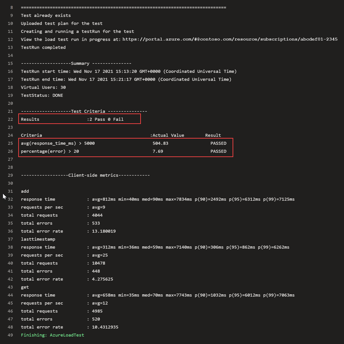 Screenshot that shows pipeline logs after all test criteria pass.