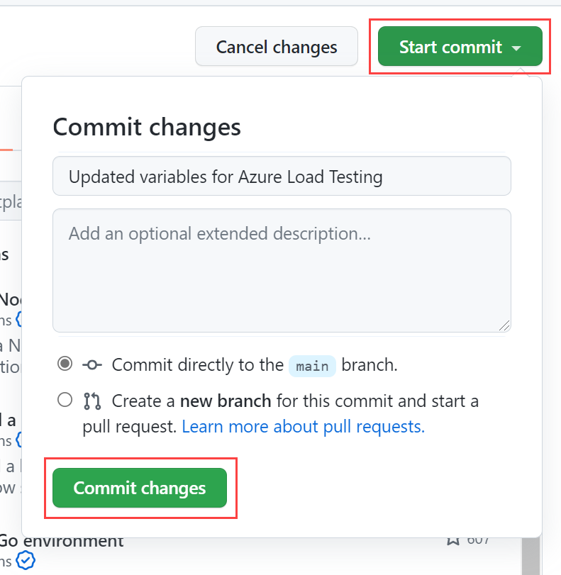 Screenshot that shows selections for committing changes to the GitHub Actions workflow file.
