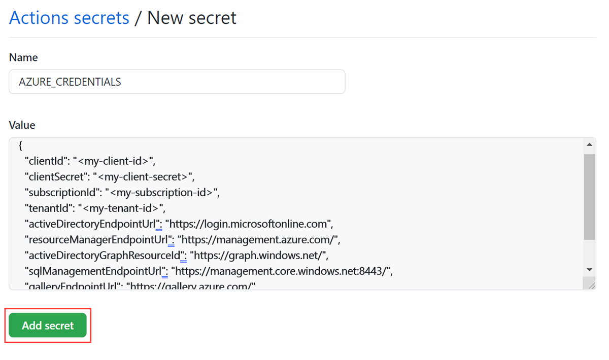 Screenshot that shows the details of the new GitHub repository secret.