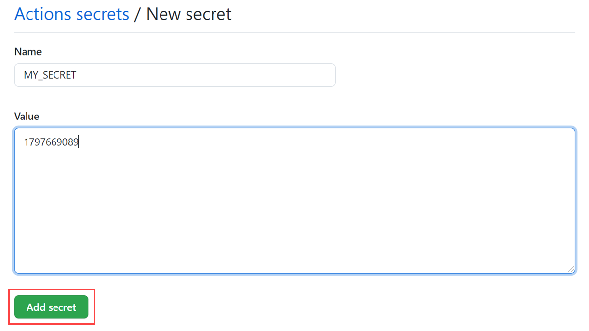 Screenshot that shows the repository secret that's used in the JMeter script.