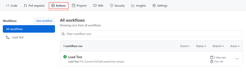 Screenshot that shows the list of GitHub Actions workflow runs.