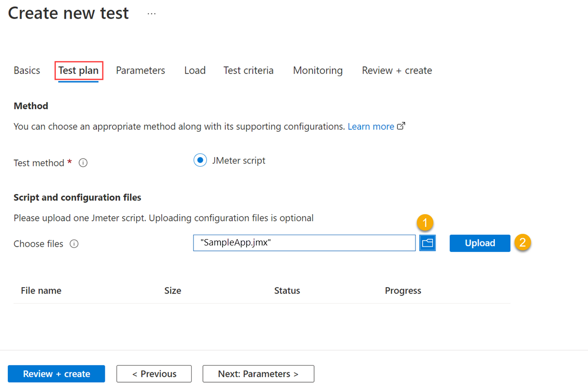 Screenshot that shows the Test plan tab and how to upload an Apache JMeter script.