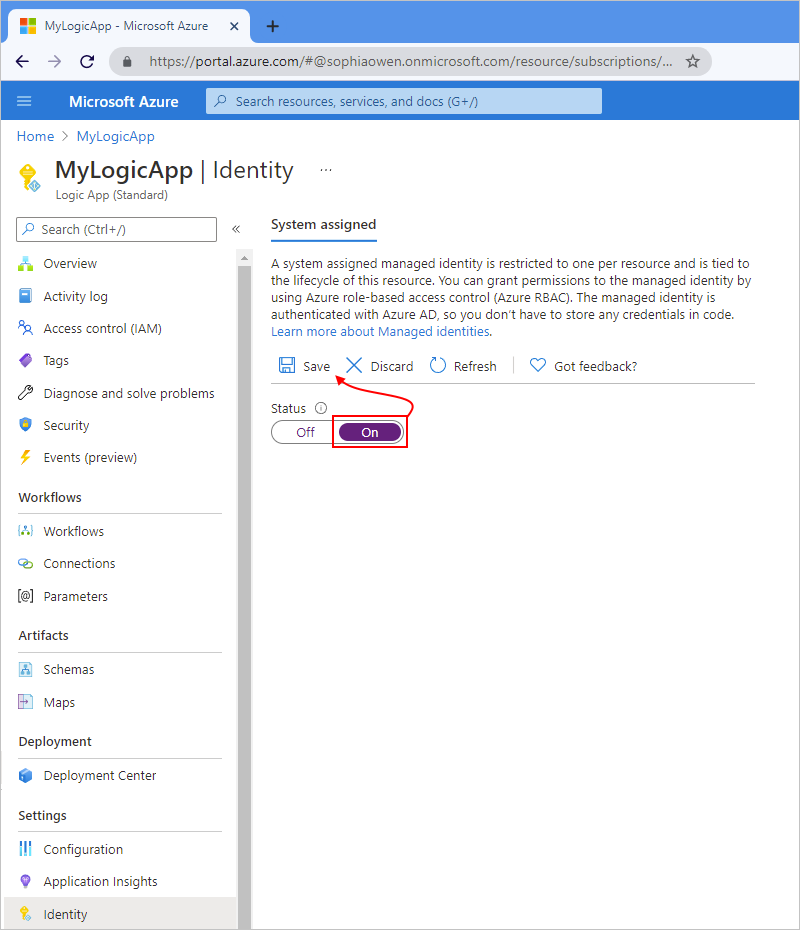 Screenshot showing Azure portal with Standard logic app's "Identity" pane and "System assigned" tab with "On" and "Save" selected.