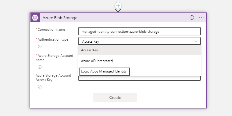 Screenshot showing the connection name page and "Logic Apps Managed Identity" selected in Consumption.
