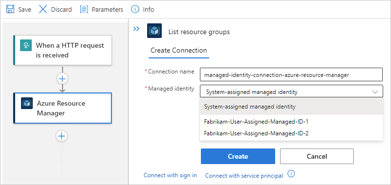 Screenshot showing Azure Resource Manager action with the connection name entered and "System-assigned managed identity" selected.
