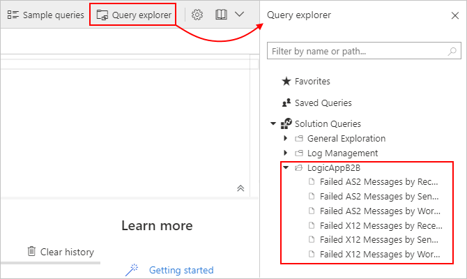 Start with "Logic Apps B2B" solution prebuilt queries