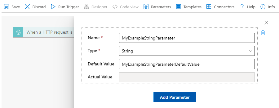 Screenshot showing Azure portal, designer for Consumption workflow, and the "Parameters" pane with an example parameter definition.