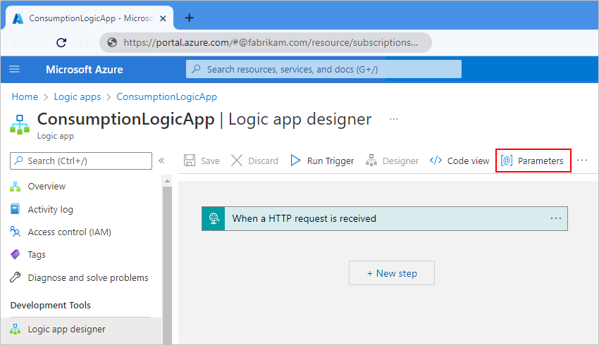 Screenshot showing Azure portal, designer for Consumption workflow, and "Parameters" on designer toolbar selected.