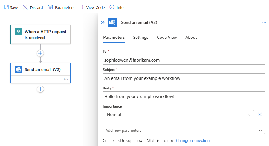 Screenshot that shows the designer and the "Send an email" information pane with the "Parameters" tab selected.