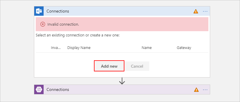 Screenshot that shows the "Add new" button selected on the Outlook "Connections" window.