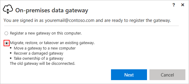 Screenshot shows gateway installer with the selected option for Migrate, restore, or takeover an existing gateway.