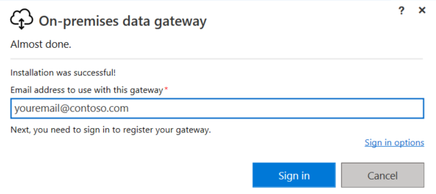 Screenshot shows gateway installer with a message about successful installation, a box that contains an email address, and a button for Sign in.