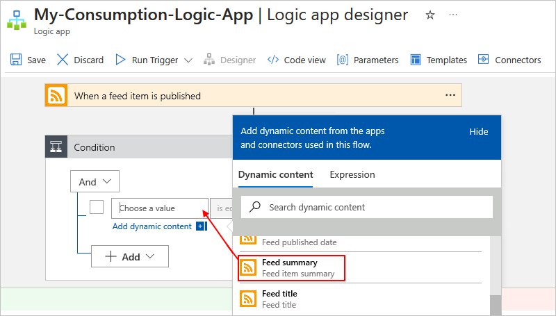 Screenshot shows Azure portal, Consumption workflow designer. RSS trigger, and Condition action with criteria construction.