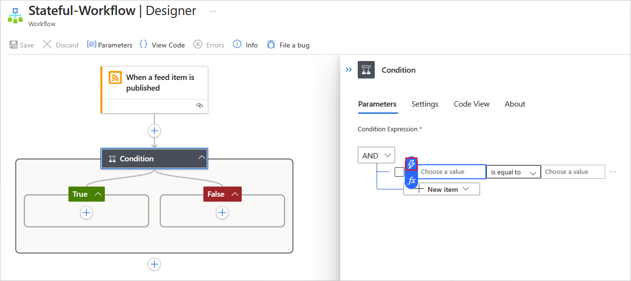 Screenshot shows Azure portal, Standard workflow designer, RSS trigger, and Condition action with information pane open, and dynamic content button selected.