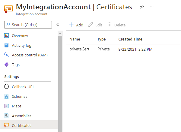 Screenshot showing the Azure portal and integration account with the private certificate in the "Certificates" list.