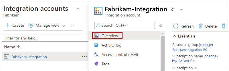 Screenshot that shows Azure portal with integration account menu and "Overview" selected.