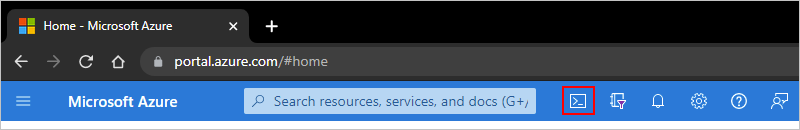 Screenshot that shows the Azure portal toolbar with "Cloud Shell" selected.