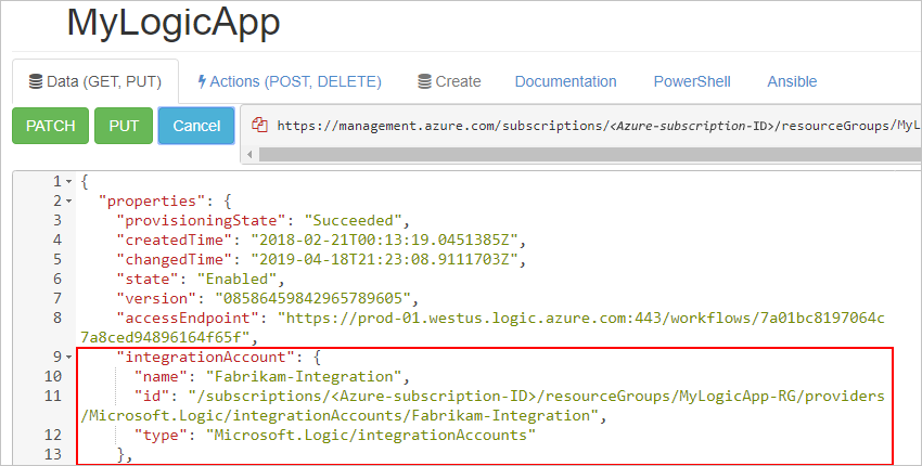 Screenshot that shows how to find the "integrationAccount" object.