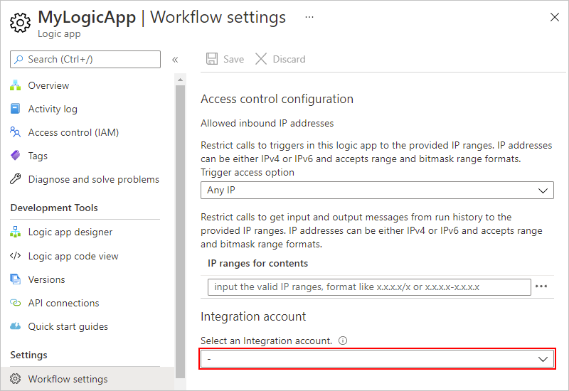 Screenshot that shows the Azure portal with the logic app menu and "Workflow settings" selected.