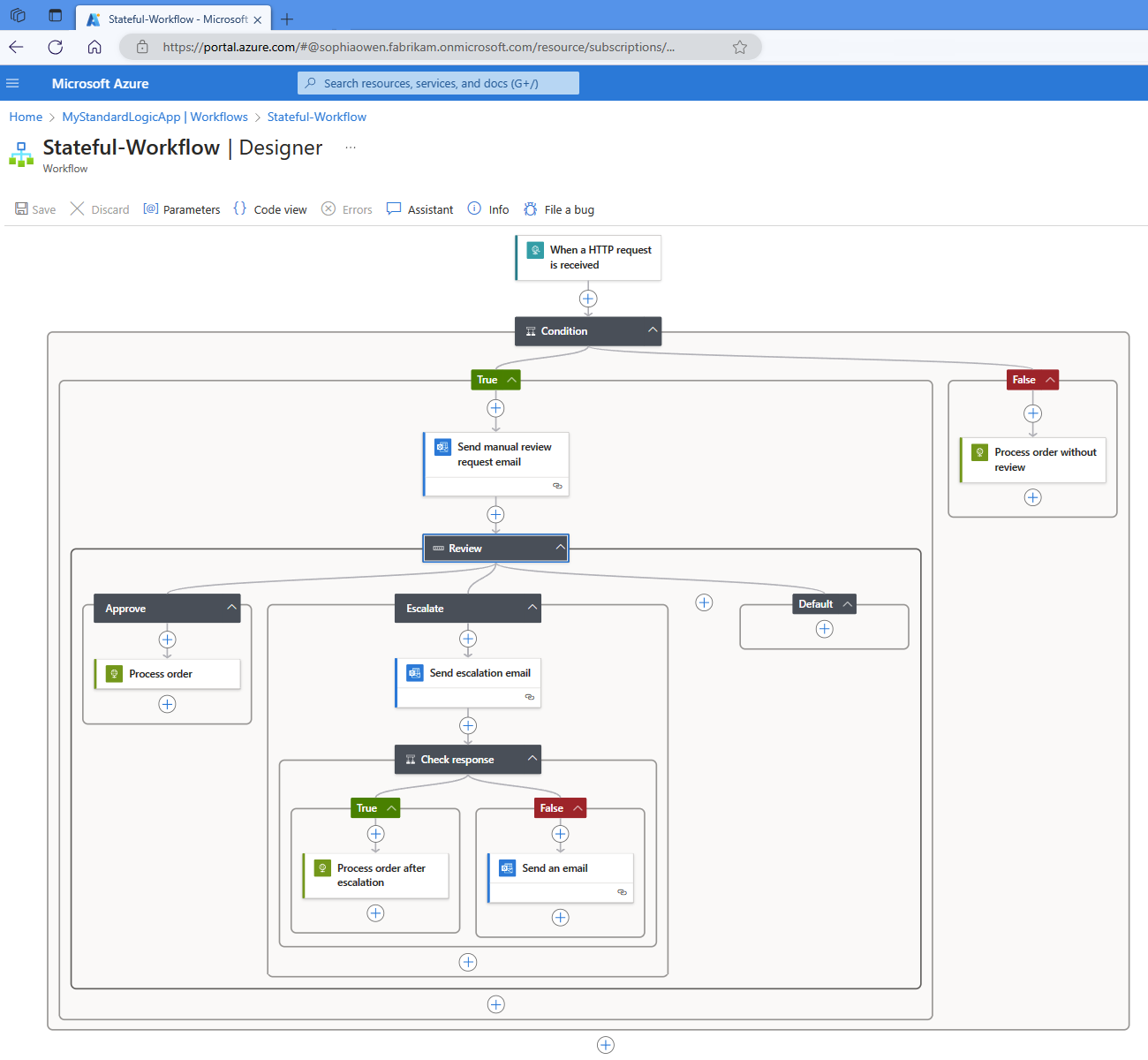 Screenshot that shows the workflow designer and a sample enterprise workflow that uses switches and conditions.