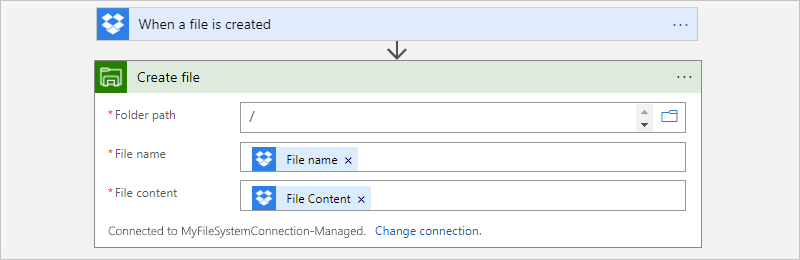 Screenshot showing the "Create file" action, which creates a file on the file system server, based on a file uploaded to Dropbox.