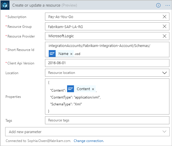 Screenshot that shows entering details for the Azure Resource Manager action.