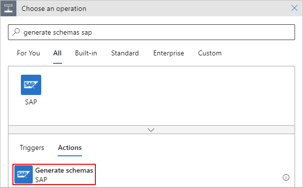 Screenshot that shows adding the "Generate schemas" action to workflow.