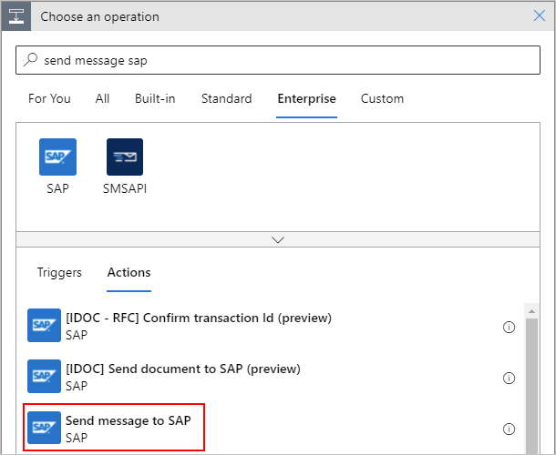 Screenshot that shows the workflow designer with the selected "Send message to SAP" action under Enterprise tab.