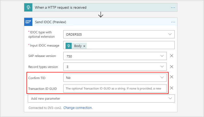 Screenshot that shows the "[IDOC] Send document to SAP" action properties