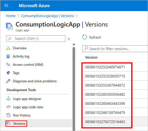 Screenshot of logic app in Azure portal, showing selection of Versions page under development tools.