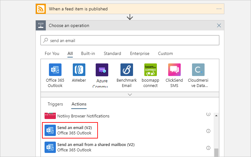 Select this action: "Office 365 Outlook - Send an email"