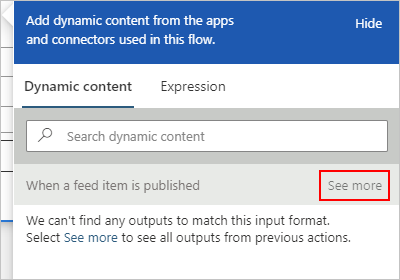 Screenshot that shows the opened dynamic content list and "See more" selected for the trigger.