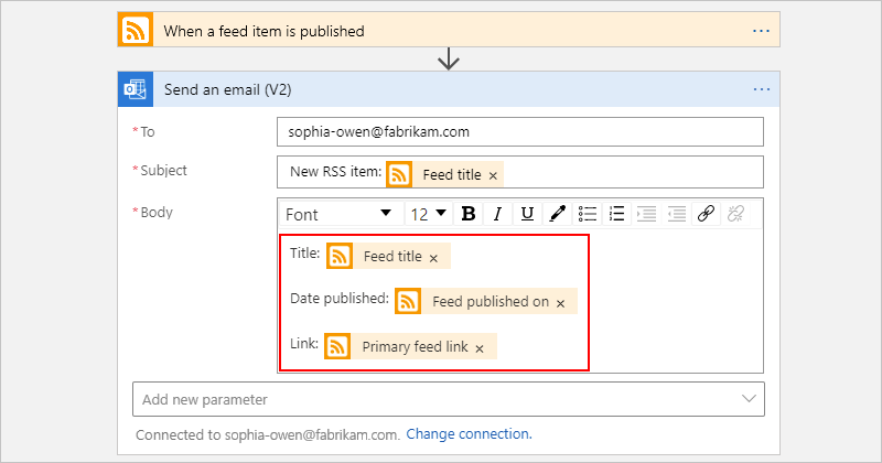 Screenshot showing the workflow designer, the "Send an email" action, and selected properties inside the "Body" box.