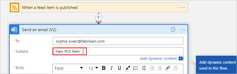 Screenshot showing the "Send an email" action and cursor inside the "Subject" property box.