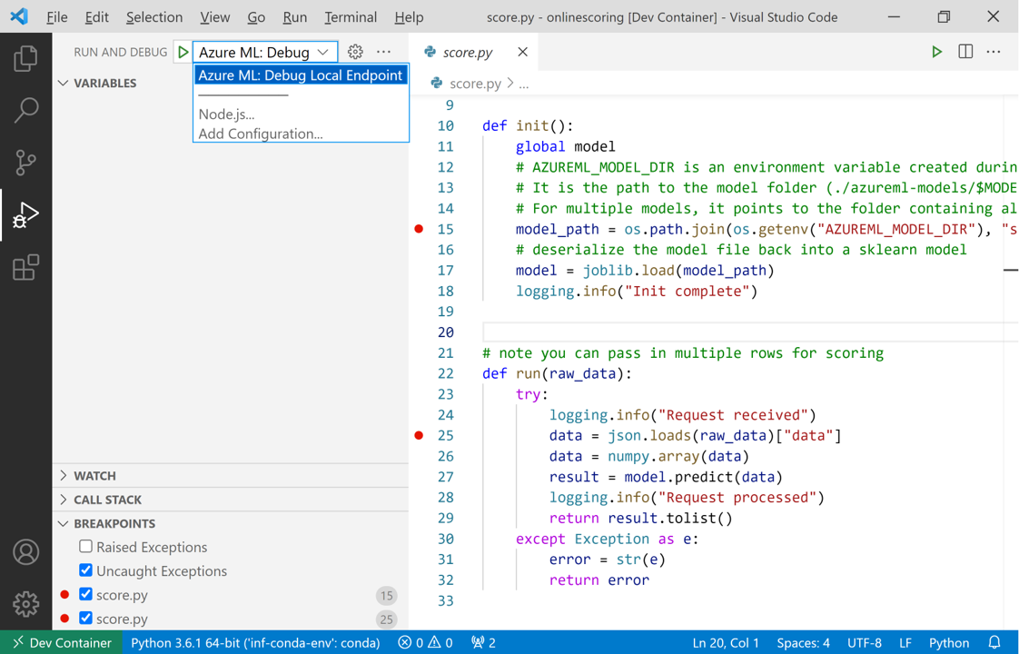 Configure Azure ML Debug Local Environment debug profile