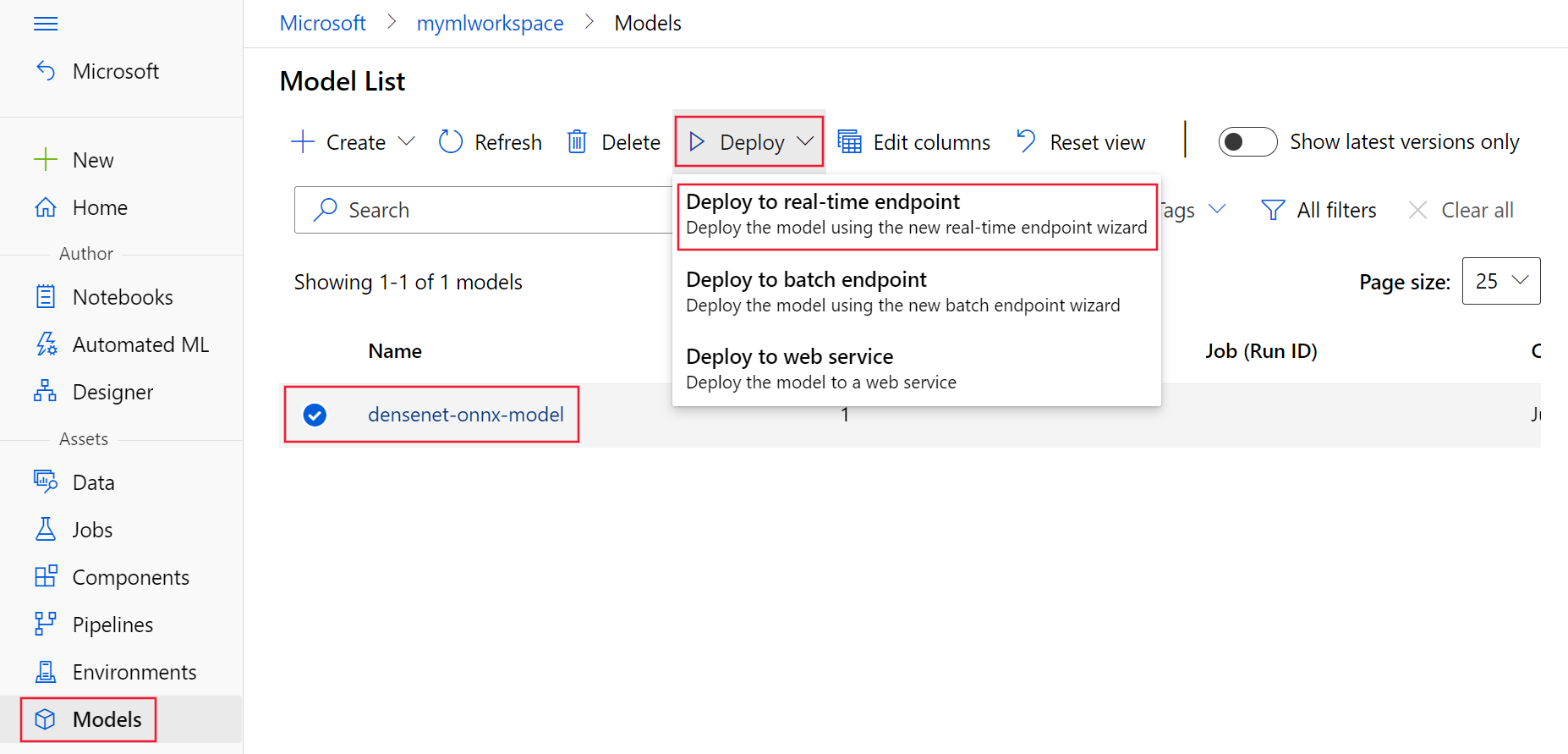 Screenshot showing how to deploy model from Models UI.