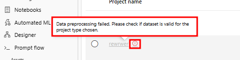 Screenshot shows a data preprocessing error.