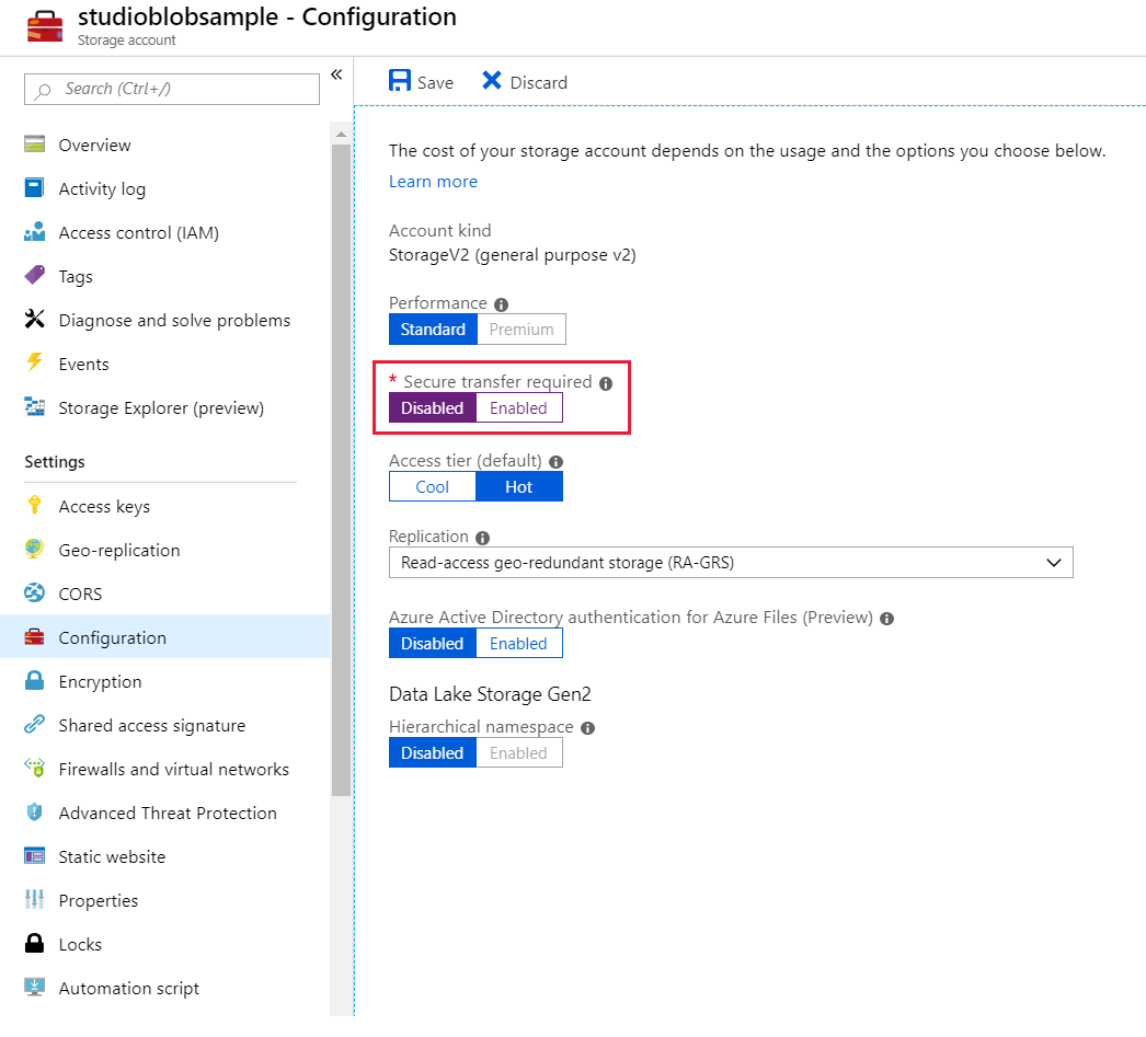 Disable Secure transfer required in the Azure portal