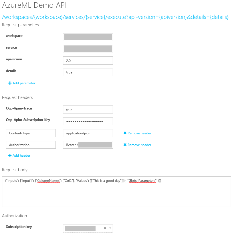 Screenshot shows the Azure M L Demo A P I Request parameters, Request headers, Request body, and Authorization.
