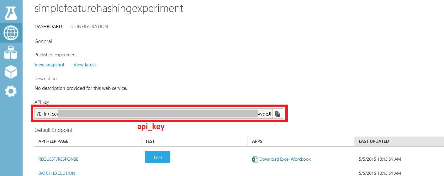 Screenshot shows the experiment in the web service dashboard where you can find the A P I key.