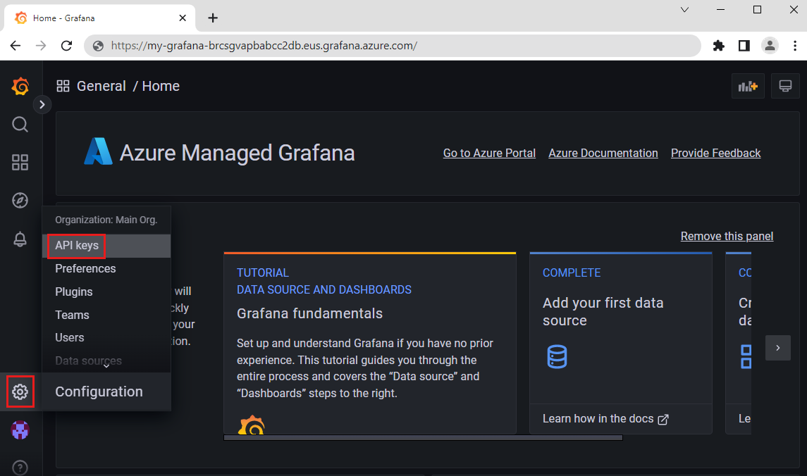 Screenshot of the Grafana dashboard. Access API keys page.