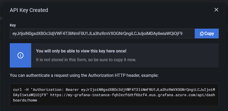 Screenshot of the Grafana dashboard. API key is displayed.
