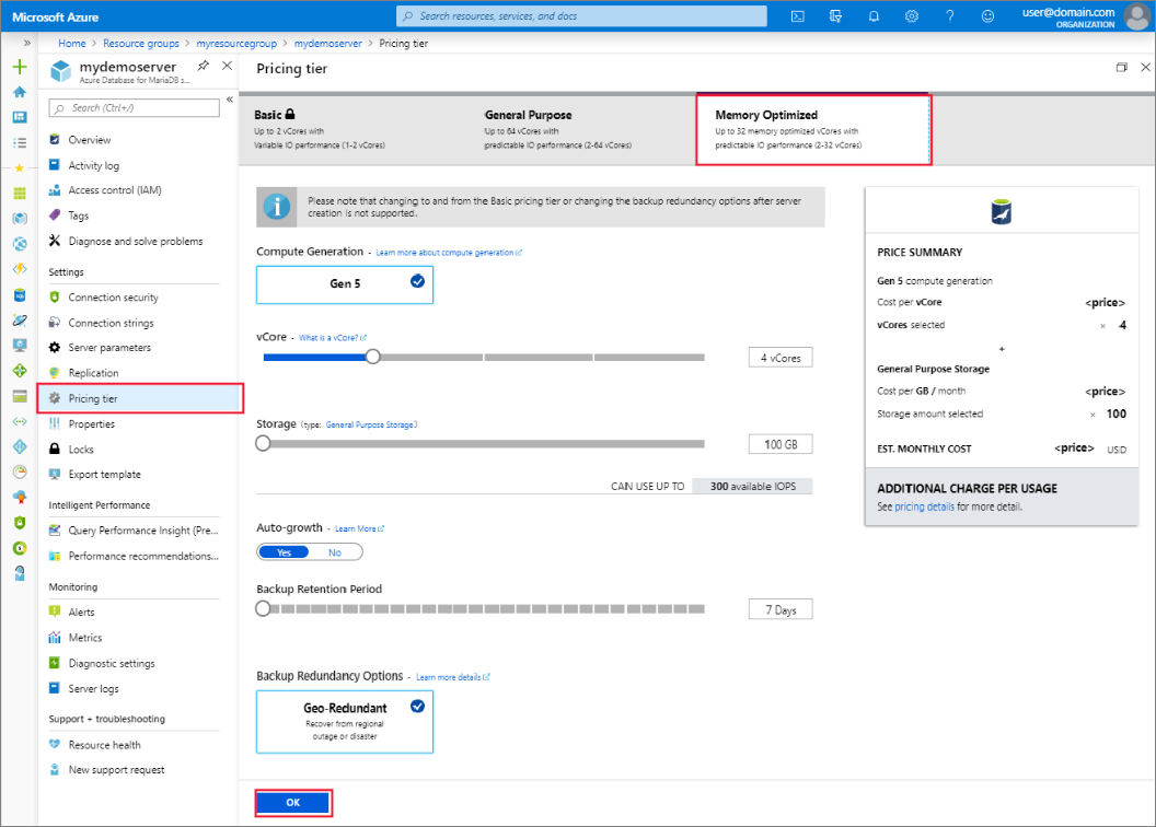 Screenshot shows the Azure portal with Pricing tier selected and a value of Memory Optimized selected.