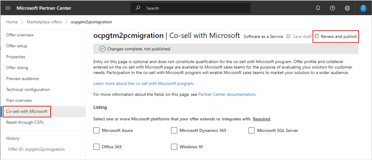 Co-Sell with Microsoft page is displayed with options highlighted.
